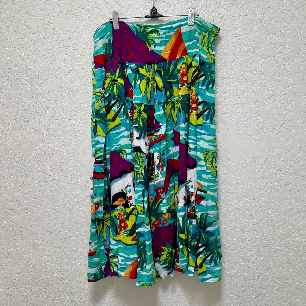 Carole Little Sport VTG Womens L Tropical‎ Novelty Print Tiered Rayon Maxi Skirt